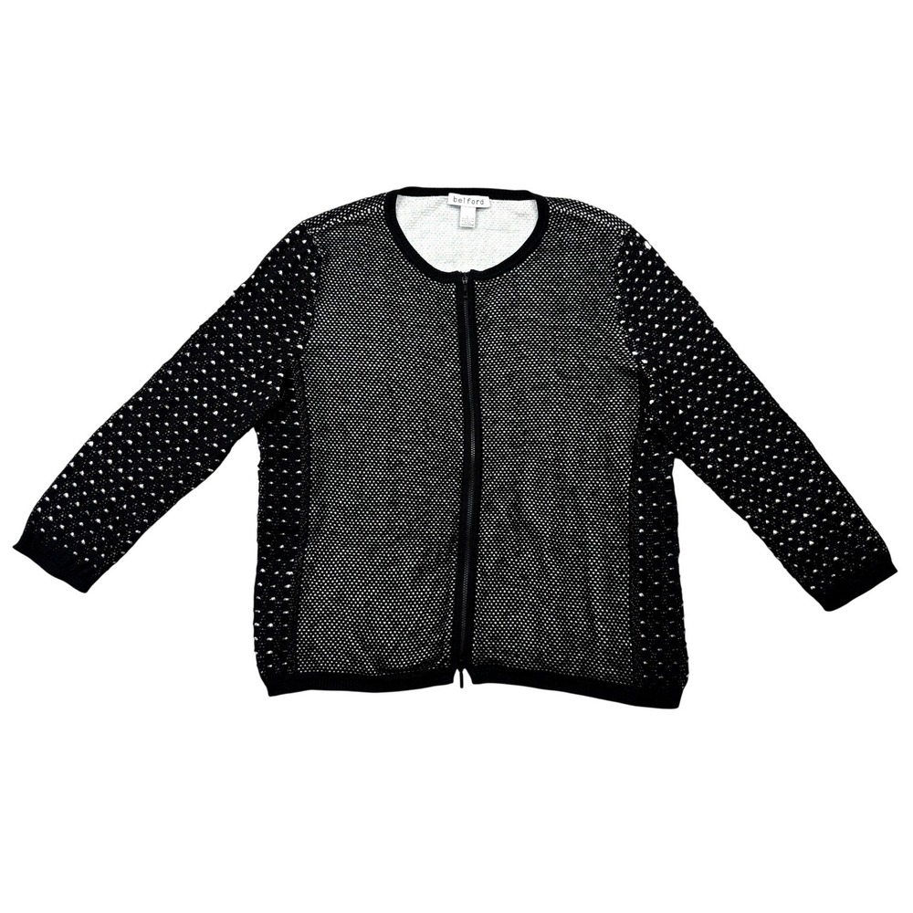 Belford Pima Cotton Full Zip Cardigan Sweater Womens Large Black White Knit Coat